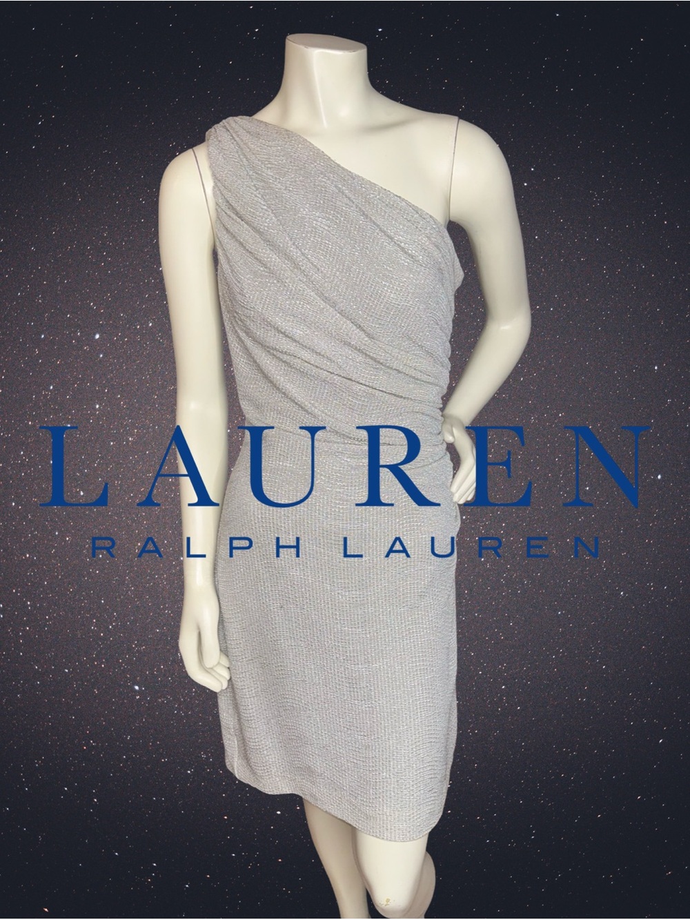 Lauren Ralph Lauren Metallic Silver One-Shoulder Ruched Cocktail Dress
